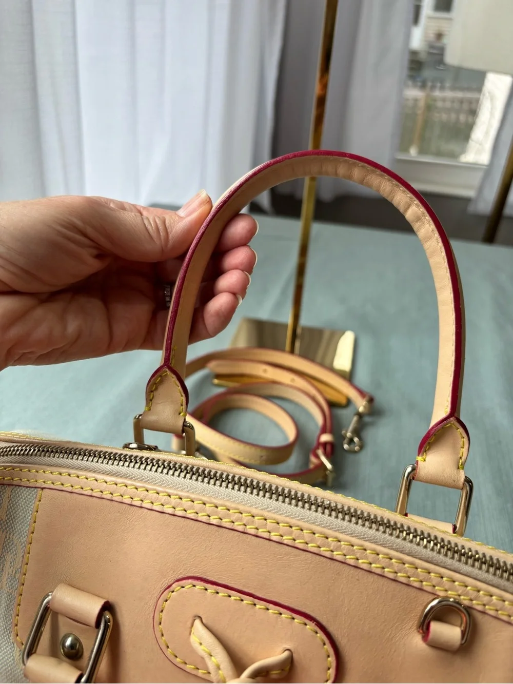 Vintage Dooney Bourke Light Blue Logo Satchel with Vacchetta Leather Trim Tassel